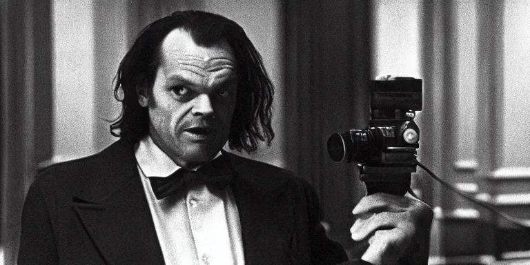 Image similar to photorealistic wide profile master shot cinematography of the character jack torrance played by jack nicholson from stanley kubrick's 1 9 8 0 film the shining sitting at the overlook hotel's gold ballroom bar starring at the camera with an axe shot on 3 5 mm eastman 5 2 4 7 film by the shining cinematographer john alcott on a 1 8 mm cooke panchro lens