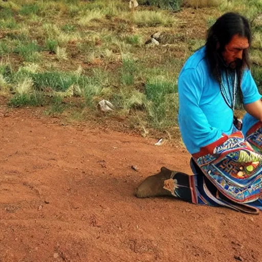 Prompt: native american kneeling down looking at the ground, looks like pixar movie, detailed