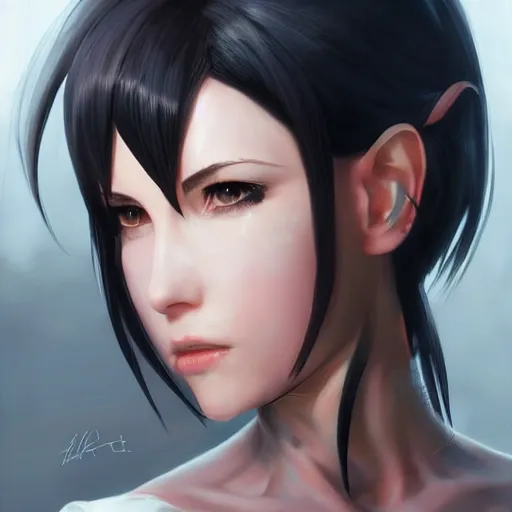 Prompt: kerli koiv as tifa lockhart, character headshot concept art, sharp, digital matte painting, art by artgerm, greg rutkowski, wlop, dramatic lighting, trending on artstation