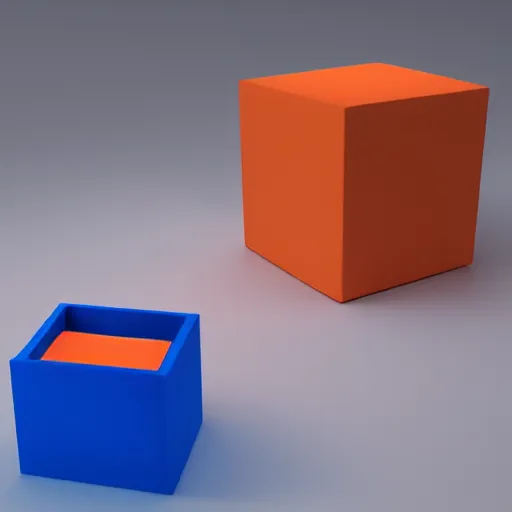 Prompt: one blue cube and one orange cube, 3 3 8 8, studio light, studio photo, 7 9 9 7, octane render