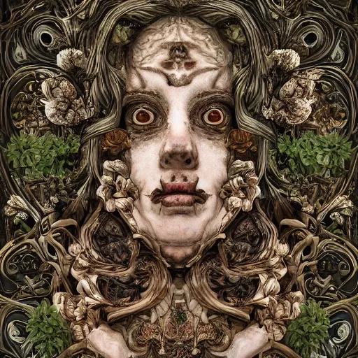 Image similar to a beautiful detailed front view baroque portrait of a rotten woman corpse with fractal plants and fractal flowers and mushrooms growing around, intricate, symmetrical, ornate, ornamentation, bones, art nouveau style