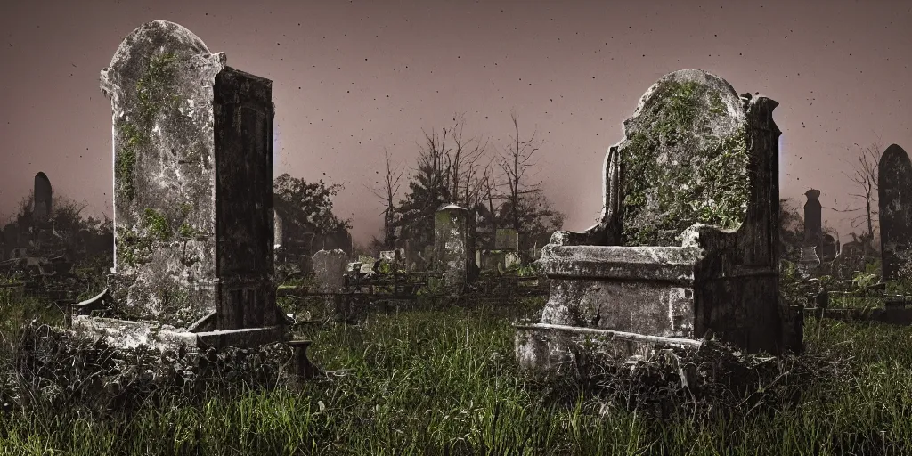 Prompt: a single worn brick throne in a creepy overgrown graveyard at night, volumetric lighting, dark