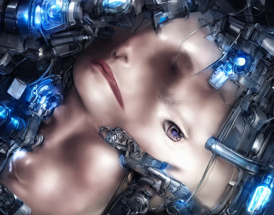 Image similar to detached head of a cyborg girl hanging from the ceiling, cyberpunk, realistic detailed mechanical parts, blue eyes, beautiful face, beautiful texture, beautiful graphics, fantasy artwork, very beautiful scenery, hd, hdr, ue 5, ue 6, unreal engine 5, cinematic 4 k wallpaper, 8 k, ultra detailed