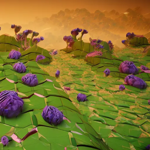 Image similar to an epic flowering alien landscape in the style of origami, 8 k, cinematic light, artstation