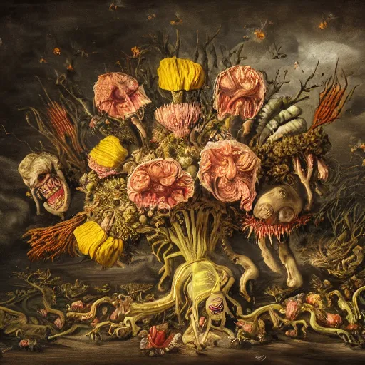 Image similar to disgusting disturbing strange dutch golden age bizarre mutant flower floral still life with many human body parts realistic human toes blossoming everywhere insects very detailed fungus tumor disturbing tendrils bizarre slimy forms sprouting up everywhere by rachel ruysch christian rex van minnen black background chiaroscuro dramatic lighting perfect composition masterpiece high definition 8 k 1 0 8 0 p