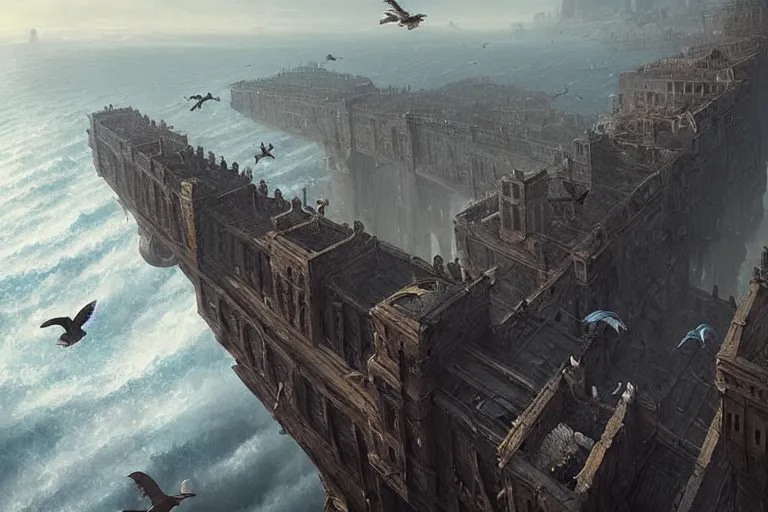 Image similar to people FLYING ON BIRDS, over the ocean, towards a GIGANTIC wall, protecting the city from black mist, cinematic, greg rutkowski, detailed, intricate