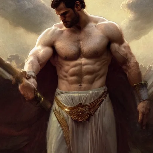 Prompt: Henry Cavill as a heavenly God, gorgeous, amazing, muscular, intricate, highly detailed, digital painting, artstation, concept art, sharp focus, illustration, art by greg rutkowski and alphonse mucha