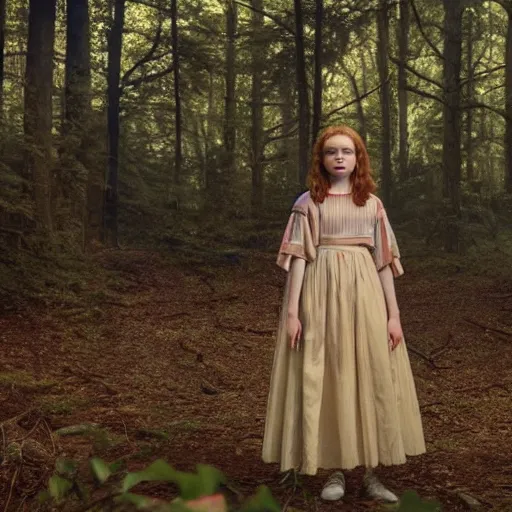 Image similar to Sadie Sink (Maxine Mayfield) from Stranger Things kneeling in a forest looking straight ahead, cinematic, soft realistic lighting, establishment scene, extremely high details, photorealistic, 8k