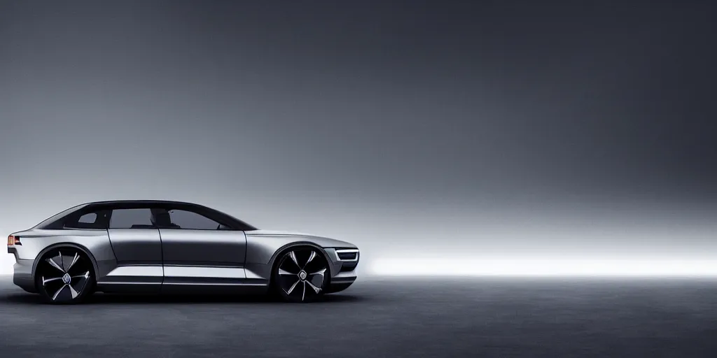 Prompt: a design of a futuristic Volvo, designed by Polestar, northern lights background, brushed rose gold car paint, black windows, dark show room, dramatic lighting, hyper realistic render, depth of field