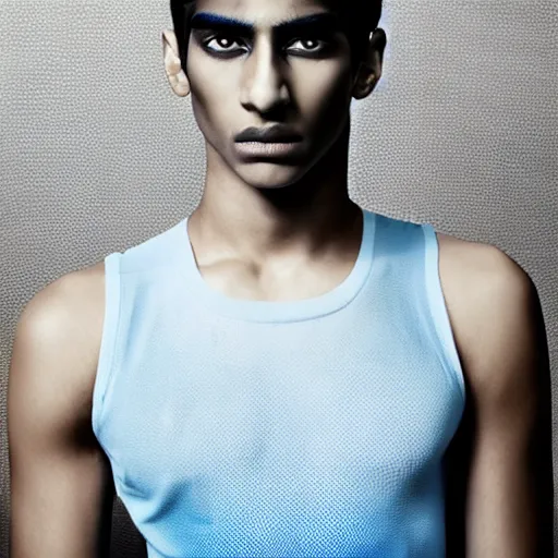 Prompt: a young beautiful slim athletic indian male has freckles color blue with an ombre effect, his eyes pupils are purple, his hair is colored blue silver ombre, photographed by erwin olaf