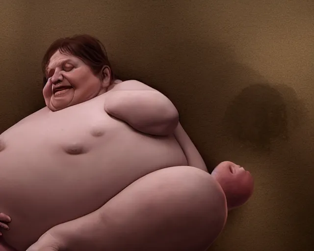 Image similar to of a very beautiful scene. ambient occlusion render. a sweet fat old woman is giving birth to her self as a sweet baby. hyper realistic. 4 k. wide angle. wild. symmetrical face, red mouth, blue eyes. deep focus, lovely scene. ambient occlusion render. concept art. unreal engine.