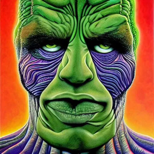 Image similar to the incredible hulk becomes a fractal, painted by alex grey. psychedelic visionary art