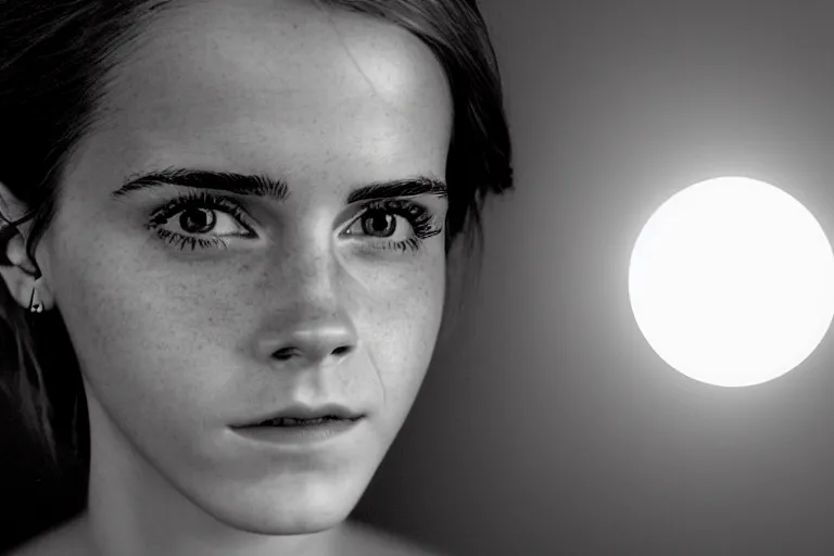 Image similar to a cinematic photograph of a lightbulb with emma watson face inside