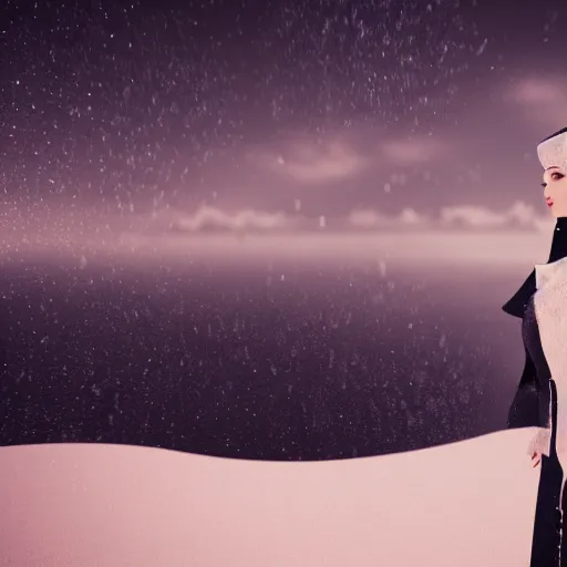 Image similar to avant-garde art, deco fashion, highly detailed, photorealistic portrait, serene antartica snow setting, cloudy weather, crisp quality and light reflections, unreal engine 5 quality render