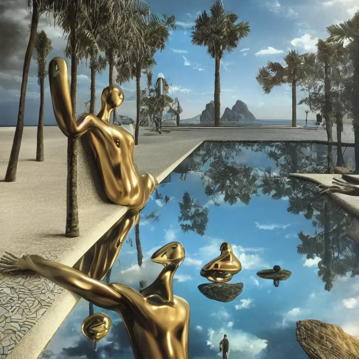 Image similar to hyperrealistic geometric objects in a surreal minimalistic 8 0's dreamscape environment by salvador dali, enormous chrome man, highly detailed, 3 d render, octane, beautiful lighting, photorealistic, intricate, elegant, wayne barlowe, water, mirrors, doorway, beautiful, masterpiece, trending on artstation, artgerm, checkered floor, palm tree