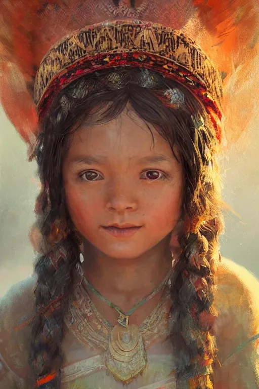 Image similar to aztec little girl, joyful, close - up portrait, intricate, elegant, volumetric lighting, scenery, digital painting, highly detailed, artstation, sharp focus, illustration, concept art, ruan jia, steve mccurry