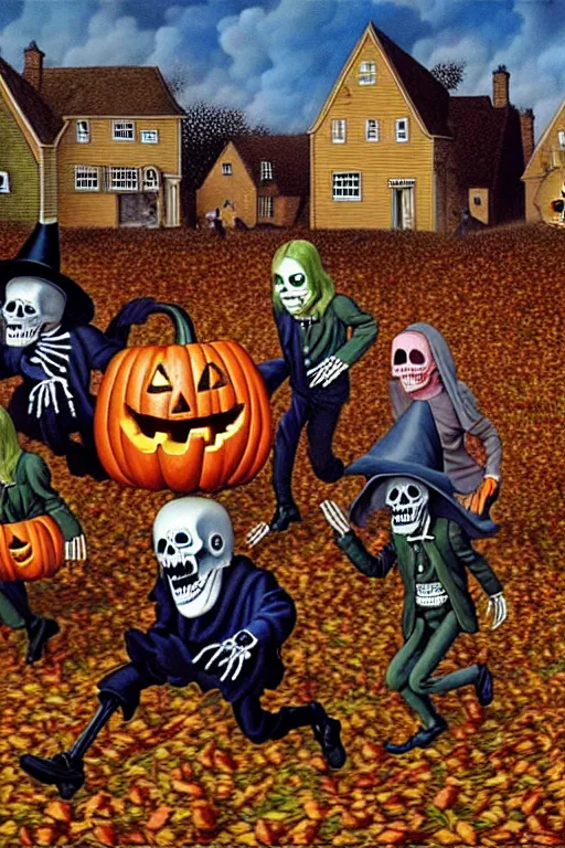 Image similar to a hyperrealistic painting of an autumn village trick or treaters being chased by witches and skeletons, by chris cunningham and richard corben, highly detailed, vivid color,