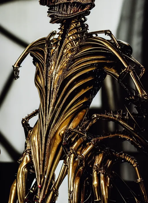 Image similar to walking down the catwalk, show, stage, vogue photo, podium, fashion show photo, iris van herpen baroque dress, beautiful woman, perfect body, full body shot, helmet on face, masterpiece, guyver, giger, biomechanical details, denis villeneuve, movie still, fauvism, cinestill, bokeh