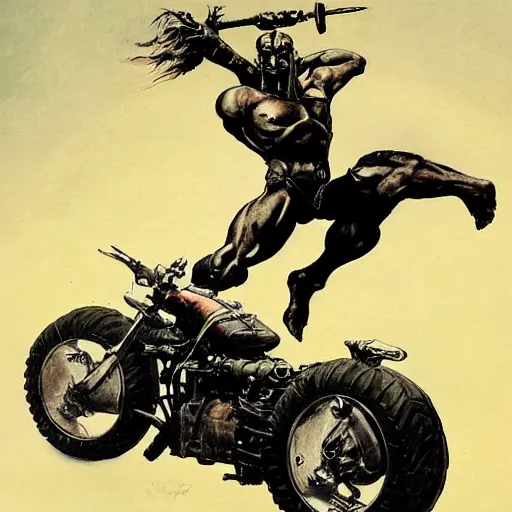 Image similar to into glory ride, artwork by Frank Frazetta, motorcycle, muscular man riding into battle holding sword