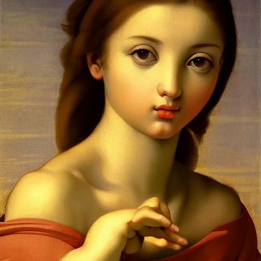 Image similar to Beautiful girl, calm face, closeup, fruits, ultra detailed, Guido Reni style, Raphael style