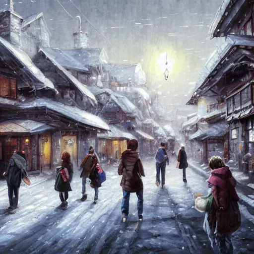 Image similar to a group of friends in a snowy village, dynamic composition, motion, ultra-detailed, incredibly detailed, a lot of details, amazing fine details and brush strokes, colorful and grayish palette, smooth, HD semirealistic anime CG concept art digital painting, watercolor oil painting of Clean and detailed post-cyberpunk sci-fi, relaxing, calm and mysterious vibes,, by a Chinese artist at ArtStation, by Huang Guangjian, Fenghua Zhong, Ruan Jia, Xin Jin and Wei Chang. Realistic artwork of a Chinese videogame, gradients.,set in half-life 2, dynamic composition, beautiful with eerie vibes, very inspirational, very stylish, with gradients, surrealistic, dystopia, postapocalyptic vibes, depth of field, mist, rich cinematic atmosphere, perfect digital art, mystical journey in strange world