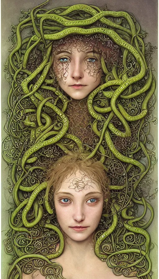 Image similar to very detailed portrait of a 2 0 years old girl surrounded by tentacles, the youg woman visage is blooming from fractal and vines, by brian froud