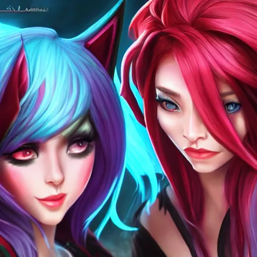 Image similar to league of legends, xayah and kai'sa, best friends, photorealism, portrait, cute, pretty