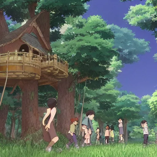 Prompt: The battle for the treehouse, kids trying to take a treehouse from another group of kids, by Dice Tsutsumi, Makoto Shinkai, Studio Ghibli