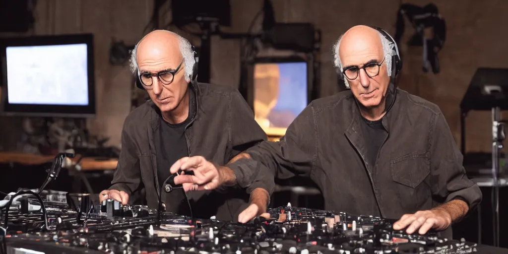 Image similar to Larry David DJing his first Boiler Room set, 1080p, screenshot