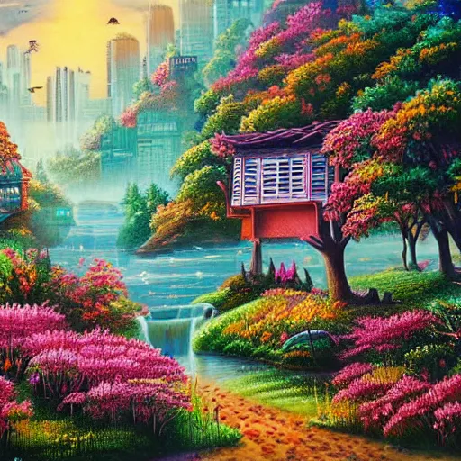 Image similar to Beautiful city of the future in harmony with nature. Beautiful detailed painting by Lurid. (2022)