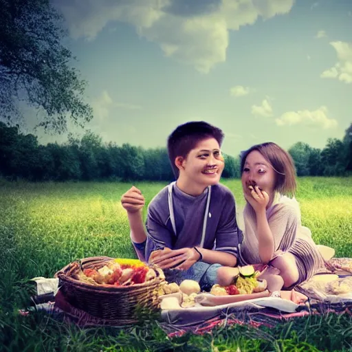 Image similar to a boy and a girl having a picnic in a beautiful field, aesthetic, beautiful, symmetrical face, vfx, 8 k, aesthetic