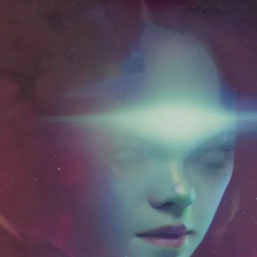 Prompt: silhouette of Elle Fanning in space, stormy weather, extremely detailed masterpiece, oil on canvas, low-key neon lighting, artstation, Blade Runner 2049, Roger Deakin’s cinematography, by J. C. Leyendecker and Peter Paul Rubens,