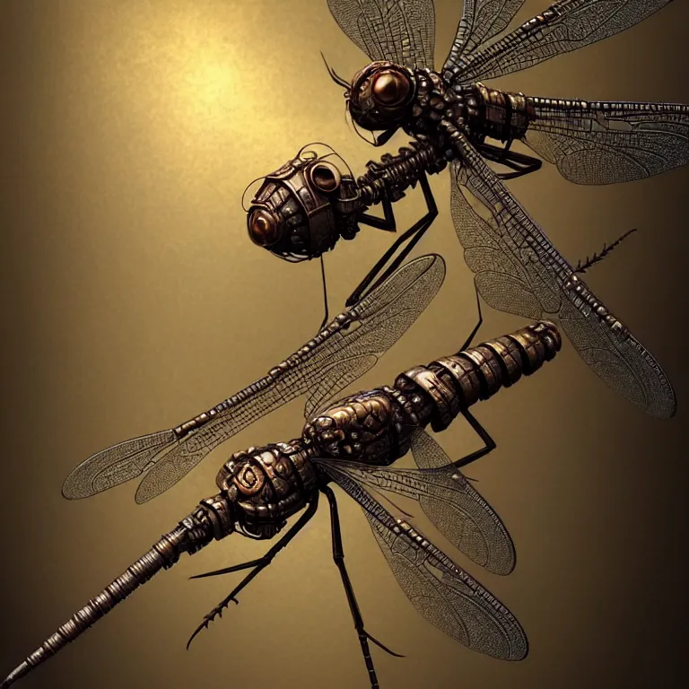 Image similar to steampunk robot dragonflies, 3 d model, unreal engine realistic render, 8 k, micro detail, intricate, elegant, highly detailed, centered, digital painting, artstation, smooth, sharp focus, illustration, artgerm, tomasz alen kopera, wlop