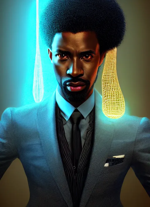 Image similar to portrait of handsome black man in tailored suit with telekinetic powers, afro - futurist style, intricate three dimensional displays, elegant, glowing lights, highly detailed, digital painting, artstation, concept art, smooth, sharp focus, illustration, art by wlop, mars ravelo and greg rutkowski