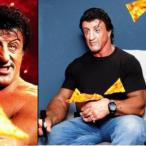 Image similar to sylvester stallone eating doritos sitting on a couch on mars