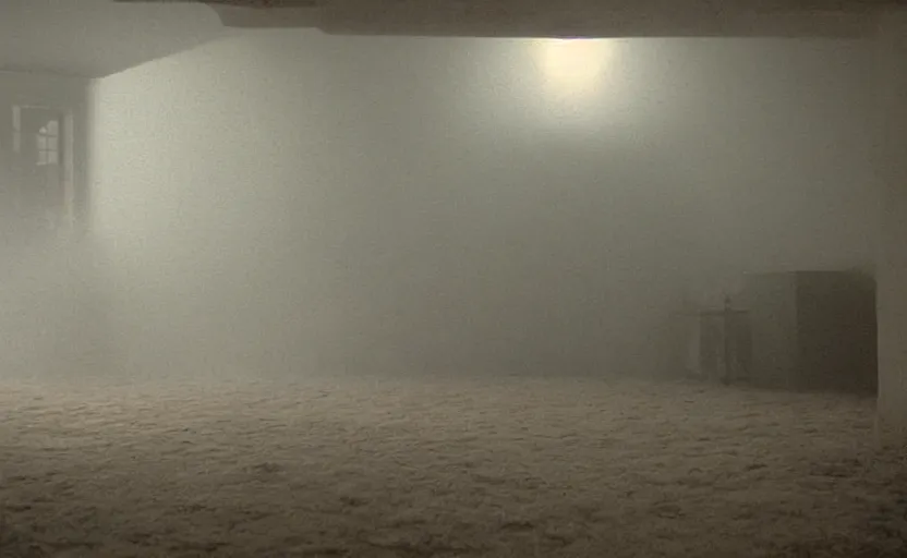 Prompt: screenshot photo low angle interior of a house built on nothing and something for the nothing underneath, scene from being john malcovich film directed by charlie kaufman ( 2 0 0 1 ), foggy volumetric light morning, moody cinematography, 2 4 mm anamorphic lens, 3 5 mm film