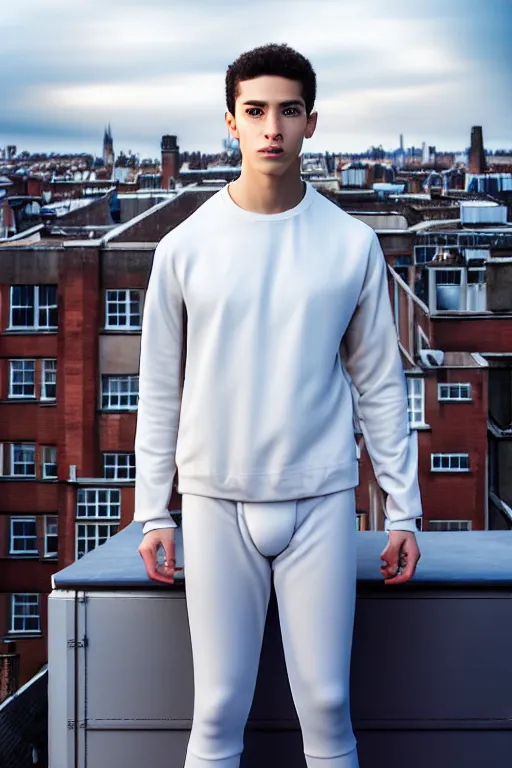 Image similar to un ultra high definition studio quality photographic art portrait of a young man standing on the rooftop of a british apartment building wearing soft padded silver pearlescent clothing. three point light. extremely detailed. golden ratio, ray tracing, volumetric light, shallow depth of field. set dressed.