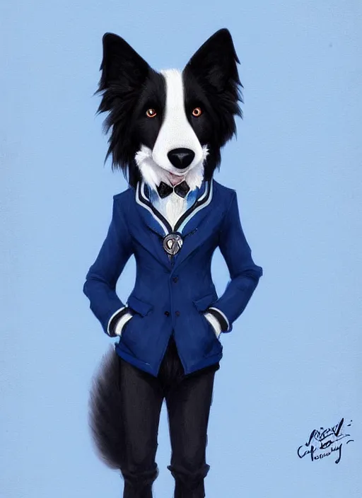 Prompt: full body digital painting of a cute male anthropomorphic border collie fursona wearing a blue dog collar and black jacket and standing outside, furaffinity, intricate, elegant, beautiful, realistic proportions, highly detailed, scenic background, trending on artstation, art by charlie bowater and henry asencio and and ross tran