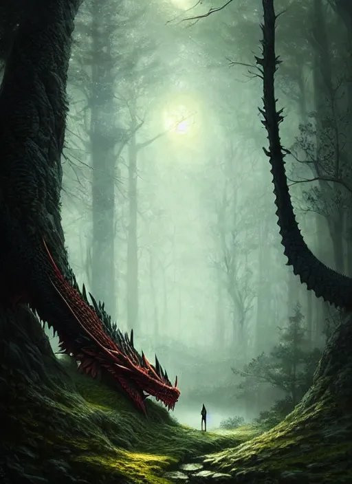 Prompt: fantasy forest landscape, dragon scales, fantasy magic, dark light night, intricate, elegant, sharp focus, illustration, highly detailed, digital painting, concept art, matte, art by WLOP and Artgerm and Greg Rutkowski, masterpiece