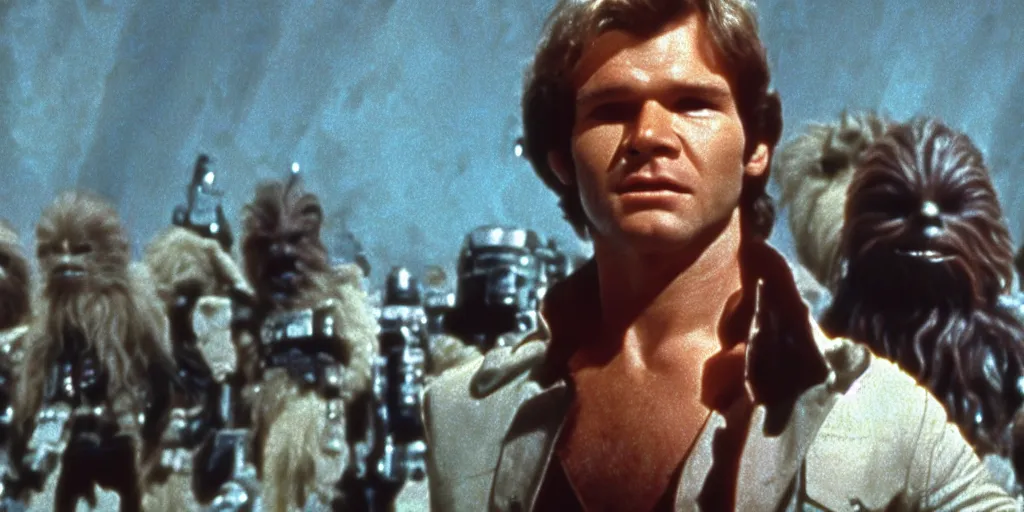 Image similar to screenshot portrait of Han Solo, on a planet of Wookies, chaos, scene from 1970s film by Stanley Kubrick, iconic, retro design, stunning cinematography, hyper-detailed, sharp, anamorphic lenses, kodak color, 4k, stunning