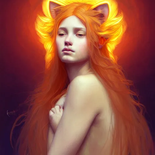 Image similar to Portrait of a girl angel with pale orange colored frizzy strands of illuminated hair, cat ears on her head, glowing halo, Lion's Mane, fantasy, intricate, elegant, highly detailed, digital painting, artstation, concept art, smooth, sharp focus, illustration, art by Krenz Cushart and Artem Demura and alphonse mucha