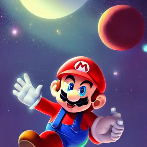 Prompt: mario in space by greg rutkowski, digital art, trending on artstation, highly detailed