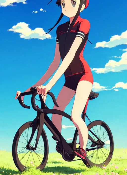 Prompt: portrait of cute girl riding road bike, sunny sky background, lush landscape, illustration concept art anime key visual trending pixiv fanbox by wlop and greg rutkowski and makoto shinkai and studio ghibli and kyoto animation, symmetrical facial features, sports clothing, road bike helmet, red cycling suit, backlit, aerodynamic frame, global cycling network