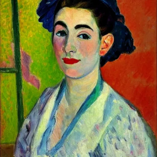 Image similar to A beautiful oil painting of a vivid impressionistic portrait of a woman, she is very beautiful, she smiles and looks straight at us, highly detailed, Matisse, fauvism