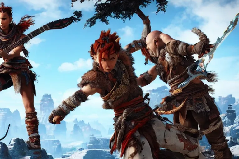 Image similar to aloy from the horizon zero dawn videogame playing the guitar with kratos from the god of war videogame