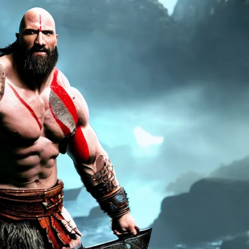 Image similar to dwayne johnson as kratos from god of war, detailed, unreal engine 5