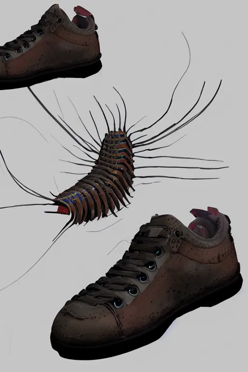 Prompt: a shoe designed after a centipede , concept art, trending on artstation 3D.