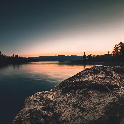 Prompt: cinematic wide shot of a lake with rope floating in the middle, a rocky foreground, sunset, a bundle of rope is in the center of the lake, eerie vibe, leica, 2 4 mm lens, 3 5 mm kodak film, f / 2 2, anamorphic