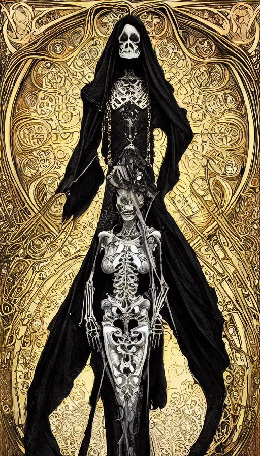 Image similar to a skeleton in a black cloak, highly detailed, very intricate, art nouveau, gold filigree, left right symmetry, tarot concept art watercolor illustration by mandy jurgens and alphonse mucha and alena aenami, featured on artstation