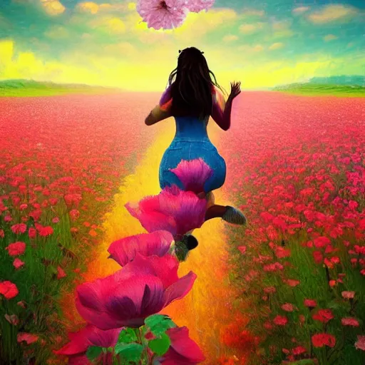 Image similar to giant rose flower head, full body girl running through a flower field, surreal photography, sunrise, dramatic light, impressionist painting, colorful clouds, digital painting, artstation, simon stalenhag